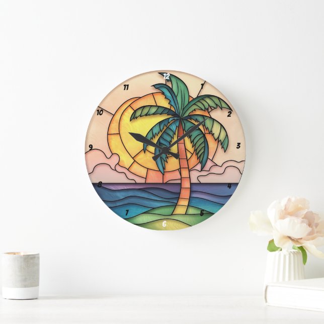 Grande Horloge Ronde Coucher de soleil tropical en verre de Pastel (Maison)