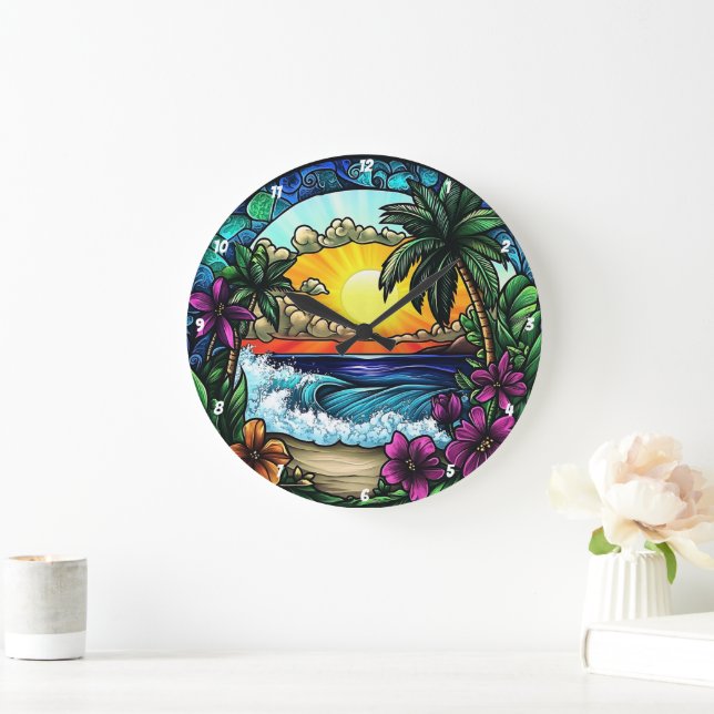 Grande Horloge Ronde Coucher de soleil tropical Oasis Vibrant Mur de pl (Maison)