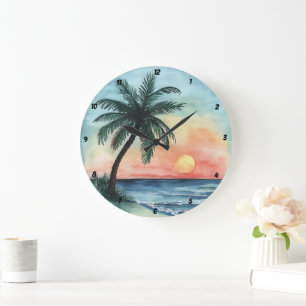 Grande Horloge Ronde Coucher de soleil tropical Palm Ocean Waves