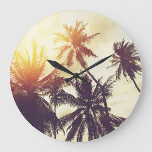 Grande Horloge Ronde Coucher de soleil tropical : Palm Silhouette Vinta
