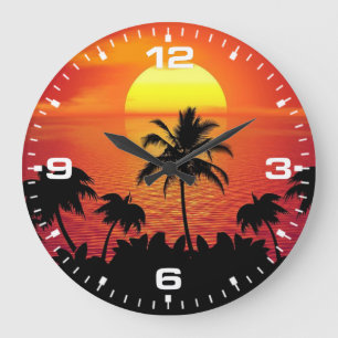 Grande Horloge Ronde Coucher de soleil tropical Palmiers Silhouette Pla