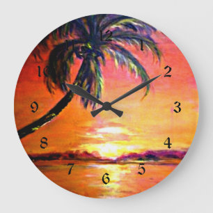 Grande Horloge Ronde Coucher de soleil tropical, peinture d'art