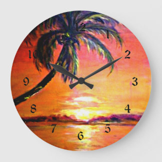 Grande Horloge Ronde Coucher de soleil tropical, peinture d'art fin