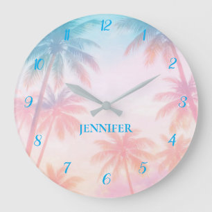 Grande Horloge Ronde Coucher de soleil vintage sur la plage Palmiers Pa