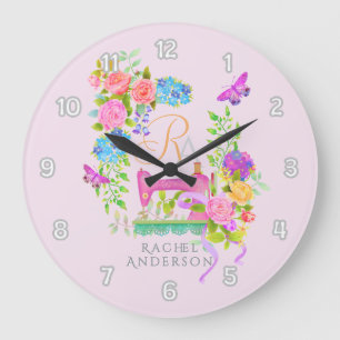 Grande Horloge Ronde Coudre le ruban de carbone Floral Monogramme rose