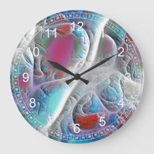 Grande Horloge Ronde Couette bleue et blanche Abstraite - Fractale rose