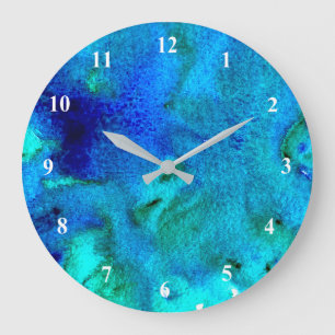 Grande Horloge Ronde Couleur d'eau bleue abstrait