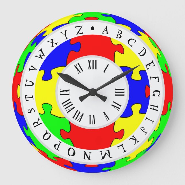 Grande Horloge Ronde Couleur Jigsaw, chiffres romains et alphabet angla (Recto)