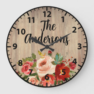 Grande Horloge Ronde Couleurs de Noël Roses et Coquelicots Rouge et Ver