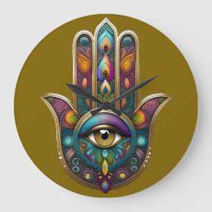 Grande Horloge Ronde Couleurs de paon Hamsa avec Troisième Œil en or