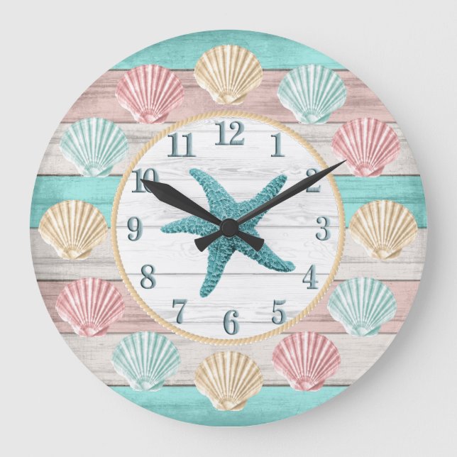 Grande Horloge Ronde Couleurs de plage mignonnes avec Coquillages Grand (Recto)