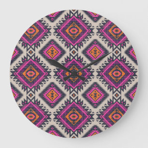 Grande Horloge Ronde Couleurs rétro, design Navajo tribal.