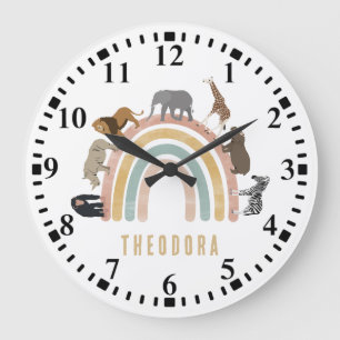 Grande Horloge Ronde Couleurs Terreuses Animaux de la Jungle Arc-en-cie