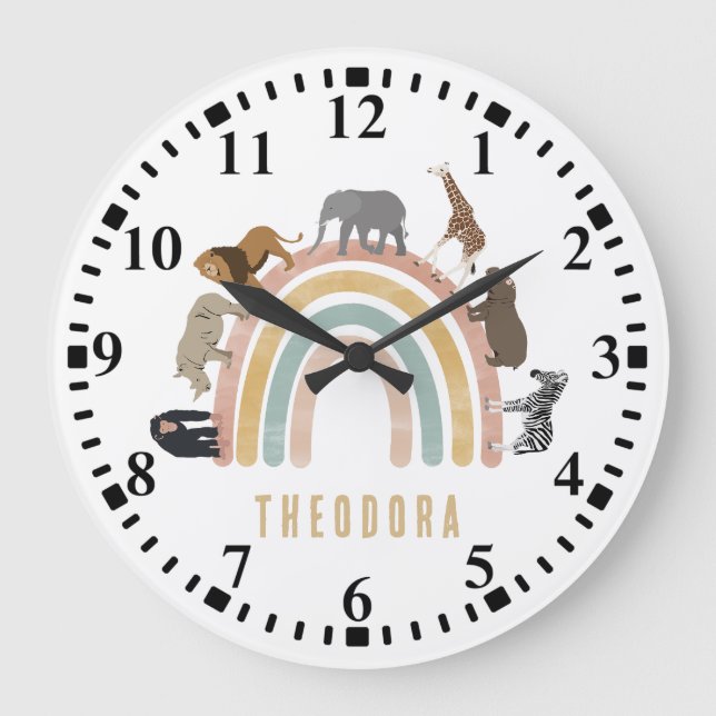 Grande Horloge Ronde Couleurs terreuses Animaux de la jungle arc-en-cie (Recto)