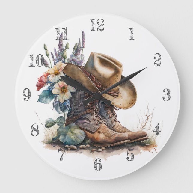 Grande Horloge Ronde Country Cowgirl Boots Flower Hat Texas (Recto)
