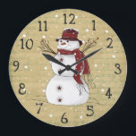 Grande Horloge Ronde Country Snowman Clock<br><div class="desc">A primitive snowman dressed in his burgundy scarf and with twig berry arms and star buttons is set on a vintage background. Va te faire foutre. De course au snowman ! Un grand poison pour tout primitif ou snowman lover ! Would look solive in any room for Christmas through Winter....</div>