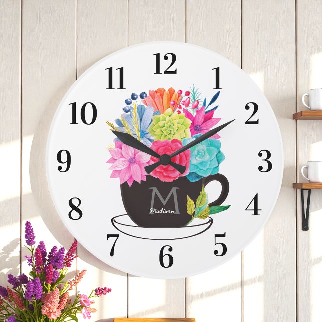Grande Horloge Ronde Coupe de café Floral Cuisine rouge rose blanche (Créateur téléchargé)