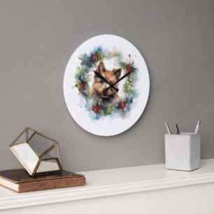 Grande Horloge Ronde Coupe de la fête de la couronne de Noël Terrier au