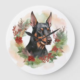 Grande Horloge Ronde Coupe festive Doberman Christmas Wreath