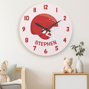 Grande Horloge Ronde Coupe Rouge Boys Football Casque Chambre Mur