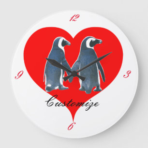 Grande Horloge Ronde Couple de pingouin Inséparable Red Heart Thunder_