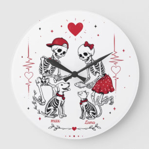 Grande Horloge Ronde Couple de squelettes nourrissant un chien et un ch