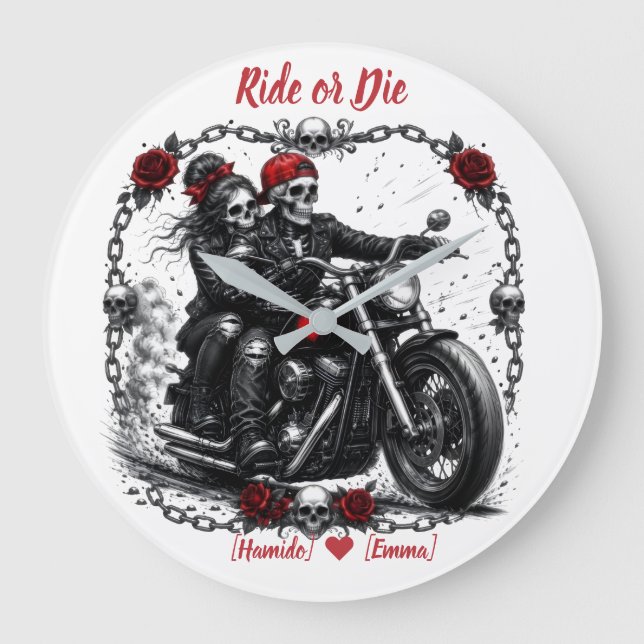 Grande Horloge Ronde Couple de squelettes personnalisés "Ride or Die" (Recto)