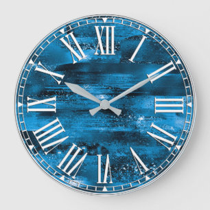 Grande Horloge Ronde Coups de pinceau scintillants pailletés bleu royal