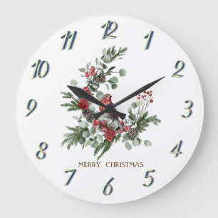 Grande Horloge Ronde Couronne aquarelle Cardinal Rouge Noël 