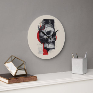 Grande Horloge Ronde Couronne de crâne Trash Polka Rouge Noir Grunge