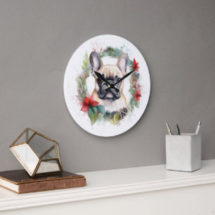 Grande Horloge Ronde Couronne de Noël de Bouledogue français Chien de f