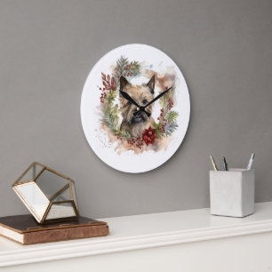 Grande Horloge Ronde Couronne de Noël de Terrier Cairn Chien festif