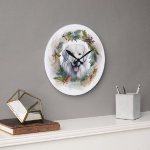 Grande Horloge Ronde Couronne de Noël des Pyrénées majestueuses Chien f