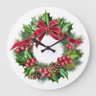 Grande Horloge Ronde Couronne de Noël élégante avec nœud rouge, houx et