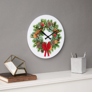 Grande Horloge Ronde Couronne de Noël festive élégante avec noeud rouge