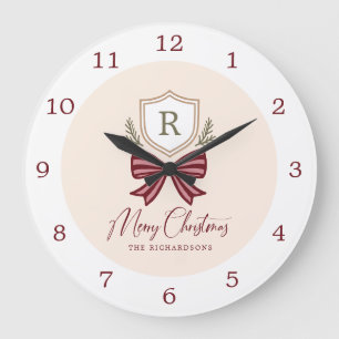 Grande Horloge Ronde Couronne de Noël personnalisée rustique avec monog