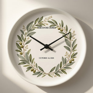 Grande Horloge Ronde Couronne d'olive personnalisée pour bébé Statistiq
