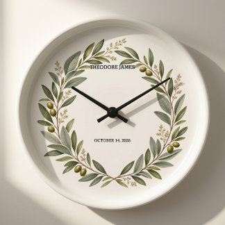 Grande Horloge Ronde Couronne d'olive personnalisée pour bébé Statistiq