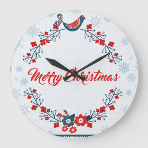 Grande Horloge Ronde Couronne Florale Et Oiseau