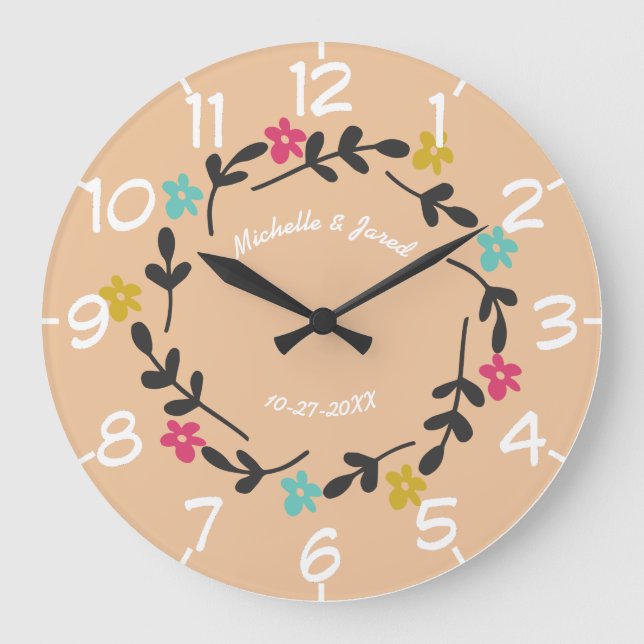 Grande Horloge Ronde Couronne florale moderne pour anniversaire de mari (Recto)