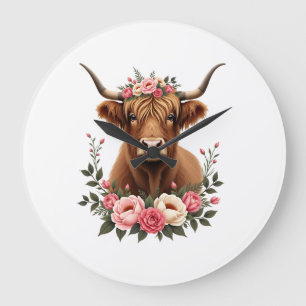 Grande Horloge Ronde Couronne florale vintage Highland Cow Boho Farmhou