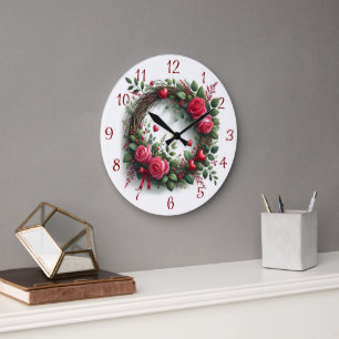 Grande Horloge Ronde Couronne rose aux Coeurs rouges