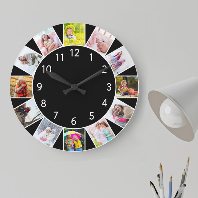 Grande Horloge Ronde Coutume 12 Collage photo noir gris rond (Photo clock with 12 photos, one at each hour. Great design for your home or a thoughtful photo gift.)