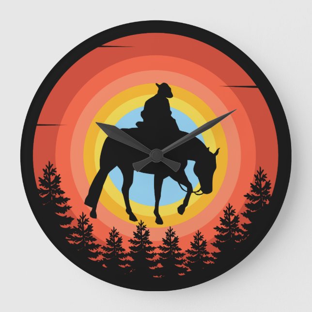 GRANDE HORLOGE RONDE COW-BOY COUCHER DE SOLEIL COLORÉ  (Recto)