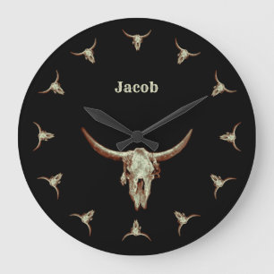 Grande Horloge Ronde Cow Skull Black Western