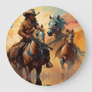 Grande Horloge Ronde Cowboy Chevaux Occidentaux bleu Tan Collage