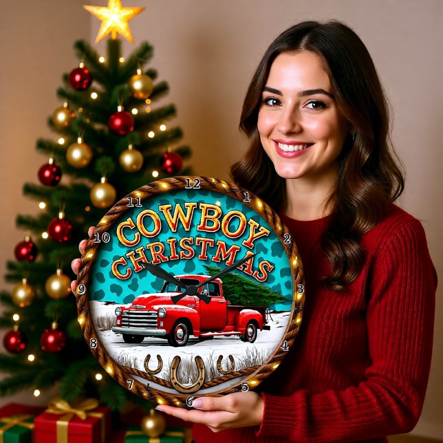 Grande Horloge Ronde Cowboy Christmas Red Truck (Créateur téléchargé)