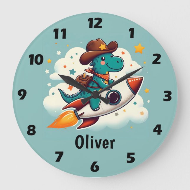Grande Horloge Ronde Cowboy Dino chevauchant un vaisseau spatial (Recto)
