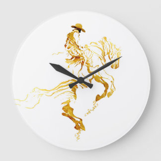 Grande Horloge Ronde Cowboy Doré sur Cheval Cabré