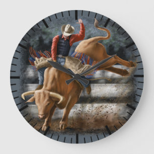 Grande Horloge Ronde Cowboy Rodeo Rider Bucking Bull Thème occidental